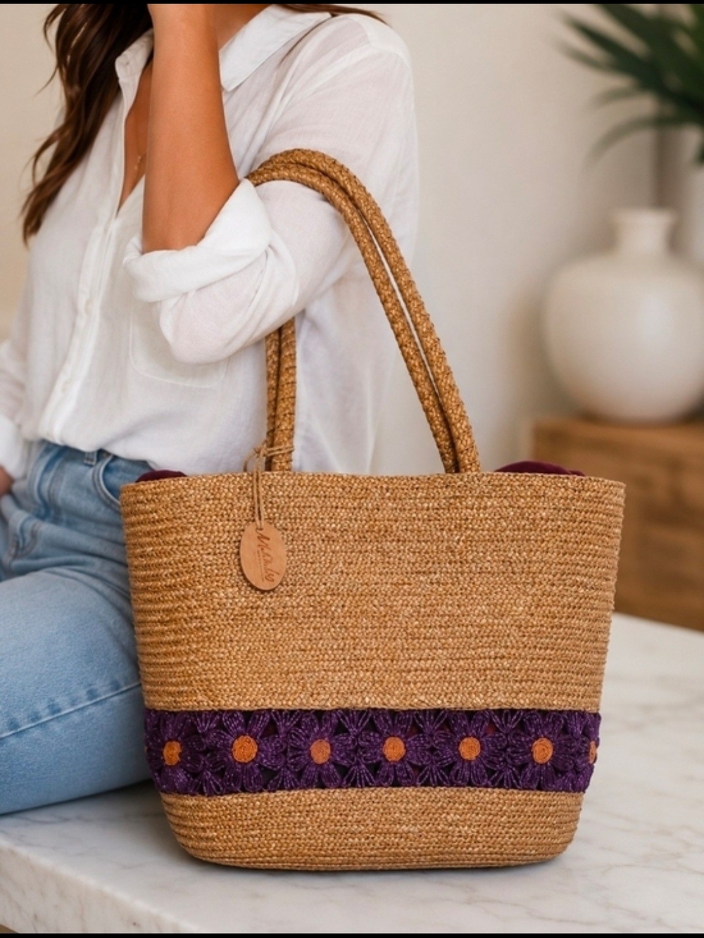 Liz Claiborne Mambo Vintage Handwoven Straw Tote with Purple Daisy Trim